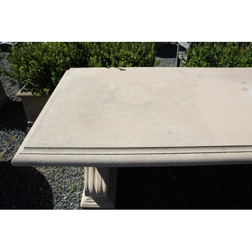 187 - Long faux stone twin pedestal support outdoor table, approx 270cm L x 100cm W