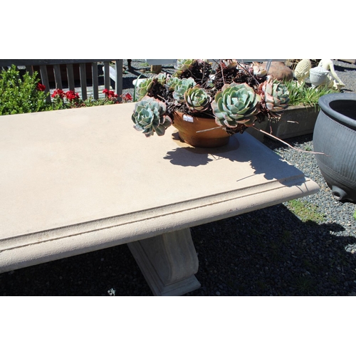 187 - Long faux stone twin pedestal support outdoor table, approx 270cm L x 100cm W