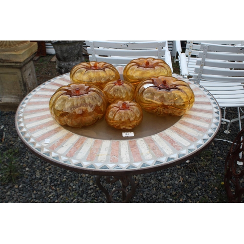 124 - Tiled top circular garden table with wrought iron base, approx 79cm H x 80cm Dia