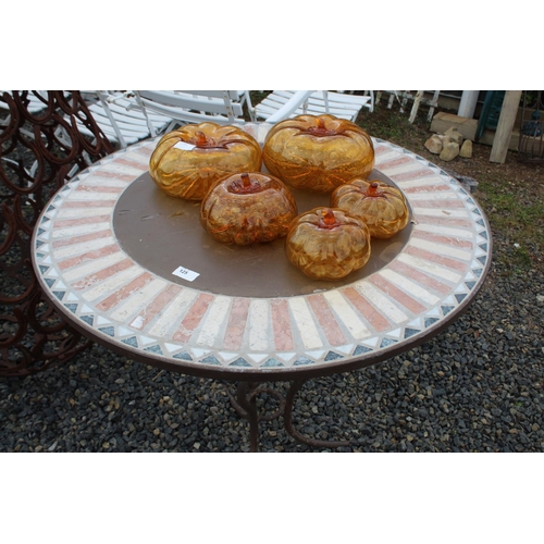 125 - Tiled top circular garden table with wrought iron base, approx 79cm H x 80cm Dia