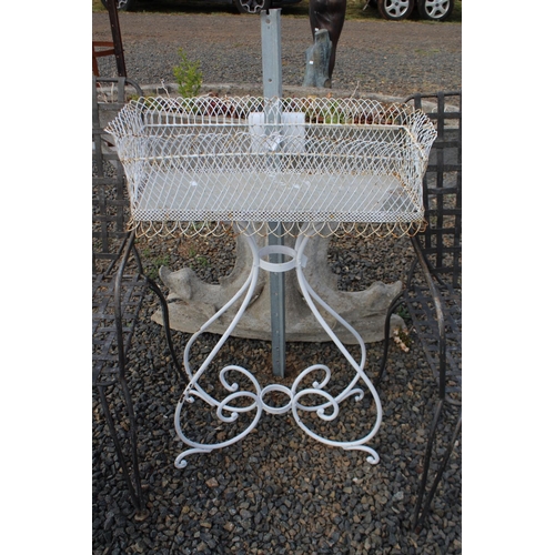 165 - Vintage French jardiniere on stand, scrolling wrought iron base, pierced gallery, approx 93cm H x 63... 