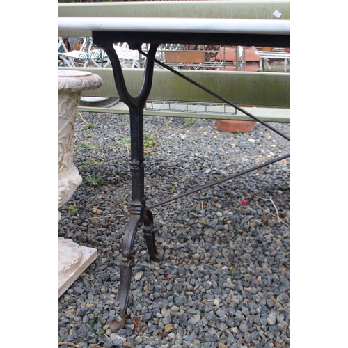 173 - Antique French marble topped iron based bistro table, approx 70cm H x 100cm W x 65cm D