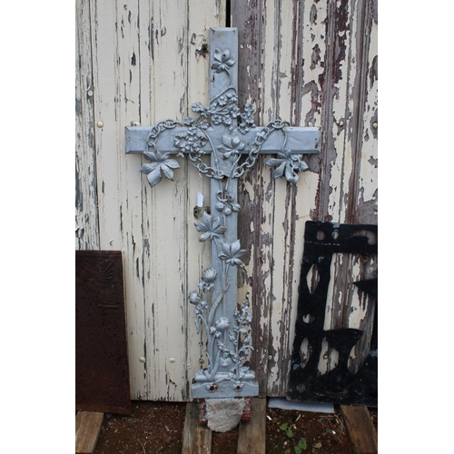 178 - Large Antique French cast iron cross, silver painted finish, approx 115cm H x 58cm W