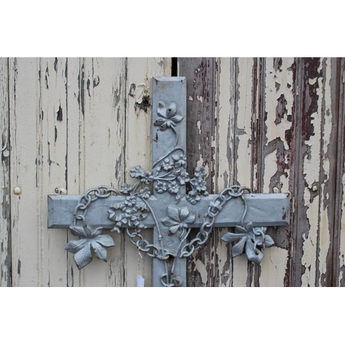 178 - Large Antique French cast iron cross, silver painted finish, approx 115cm H x 58cm W