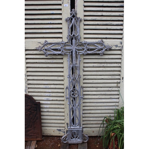 179 - Large Antique French cast iron cross, pierced Gothic design. silver finish, approx 136cm H x 74cm W