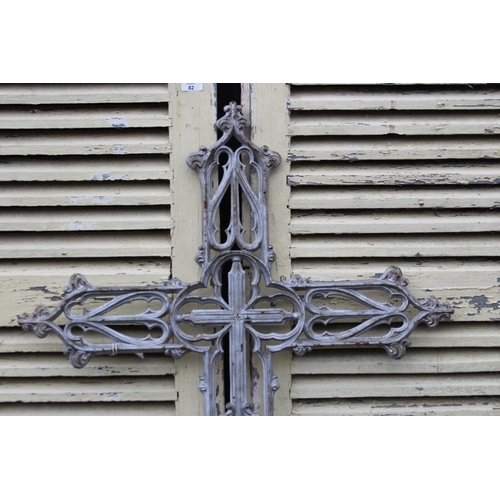 179 - Large Antique French cast iron cross, pierced Gothic design. silver finish, approx 136cm H x 74cm W