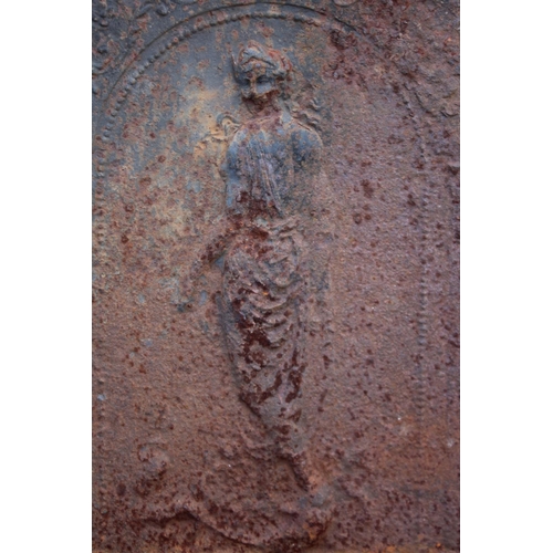 184 - Antique French cast iron fire back classical figure in relief, approx 56cm H x 72cm W