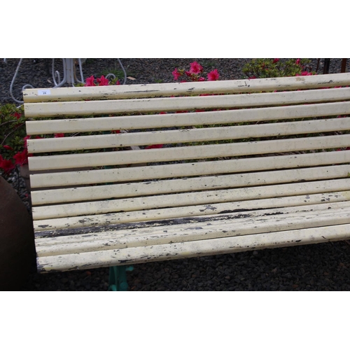 28 - Antique French yellow painted wooden slat garden bench with cast iron branch form supports, approx, ... 
