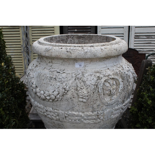 33 - Large French composite stone white painted garden urn and pedestal, approx 110cm H