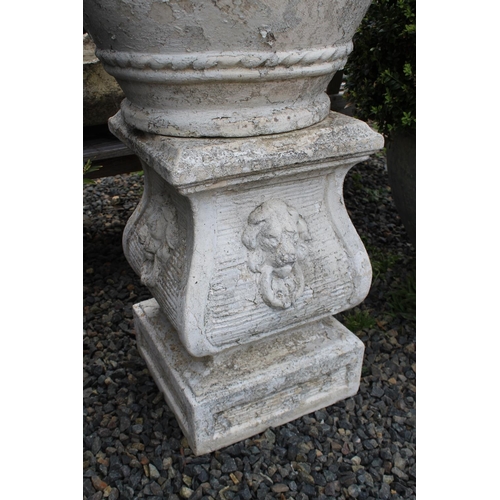 33 - Large French composite stone white painted garden urn and pedestal, approx 110cm H