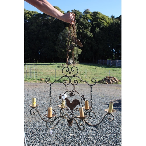 596 - Old French iron rack style six light chandelier