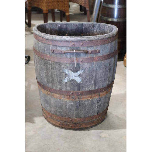 424 - Antique grape barrel, with metal bands and iron carry handle, approx 59cm H x 51cm W