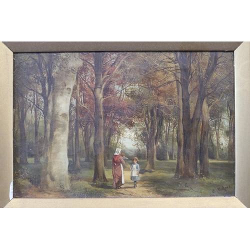 427 - C Vickers, 19th century - oil on canvas, figures in woodland, signed, framed, approx 19cm x 29cm