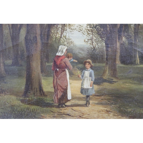 427 - C Vickers, 19th century - oil on canvas, figures in woodland, signed, framed, approx 19cm x 29cm