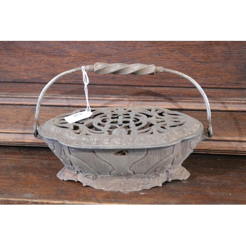 434 - Antique French cast iron brazier, with bale carry handle, used to carry hot coals for use around a h... 