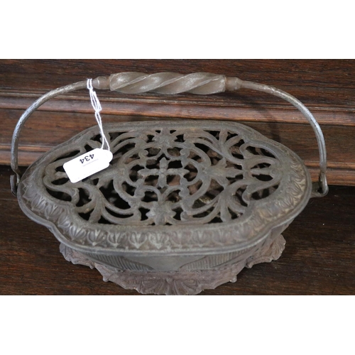 434 - Antique French cast iron brazier, with bale carry handle, used to carry hot coals for use around a h... 