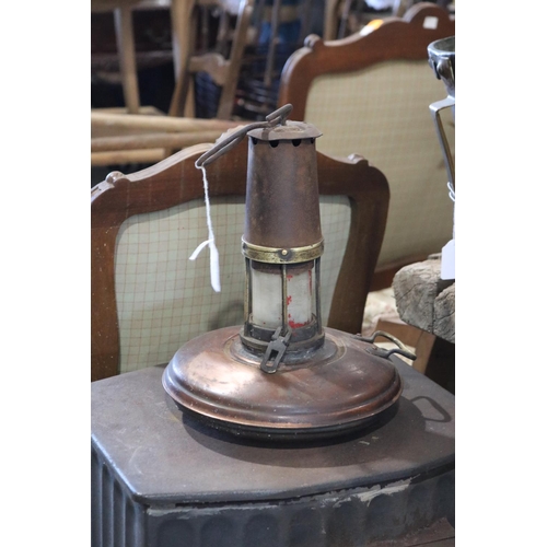 435 - Antique miners lamp with brass dish reservoir base, approx 30cm H x 24cm Dia