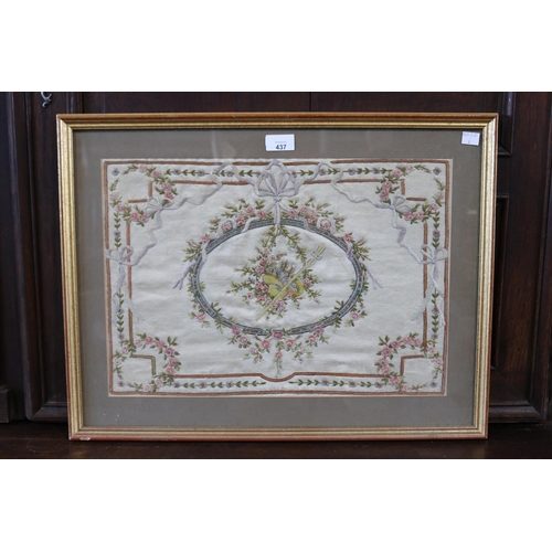 437 - Fine antique French Framed needlework on silk, approx 32cm x 46cm