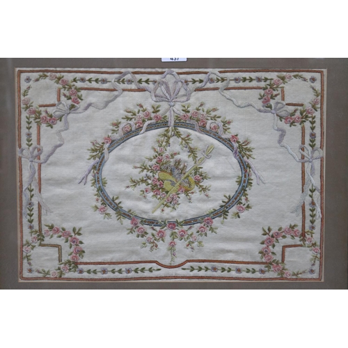 437 - Fine antique French Framed needlework on silk, approx 32cm x 46cm