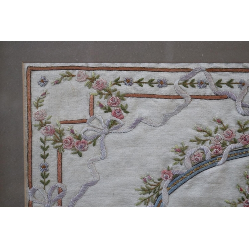 437 - Fine antique French Framed needlework on silk, approx 32cm x 46cm