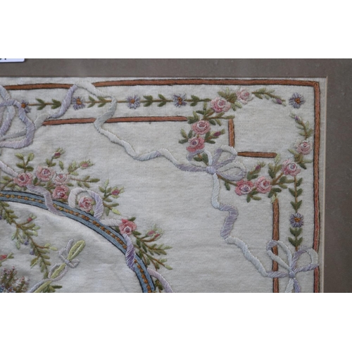 437 - Fine antique French Framed needlework on silk, approx 32cm x 46cm