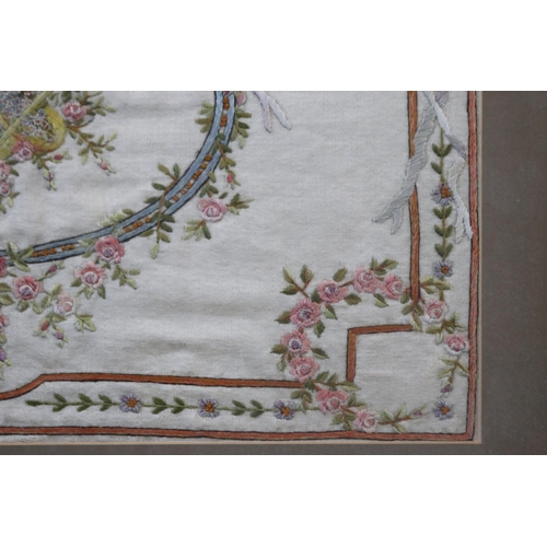 437 - Fine antique French Framed needlework on silk, approx 32cm x 46cm