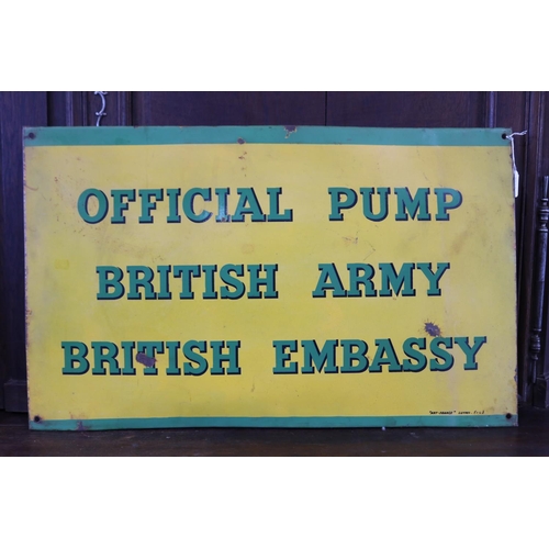 439 - Vintage 1940's WWII enamel sign - Official Pump British Army & British Embassy, approx 78cm x 49 cm