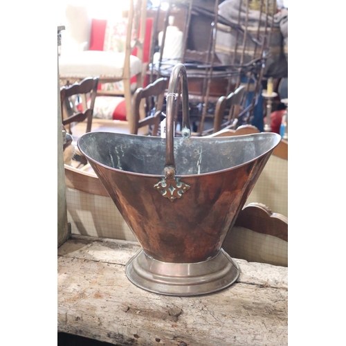 442 - Antique copper bucket shape fire bucket, swing  carry handle, approx 35cm H ex handle x 46cm W