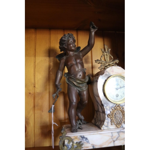 588 - Antique French bronzed spelter figural marble mantle clock, approx 48cm H