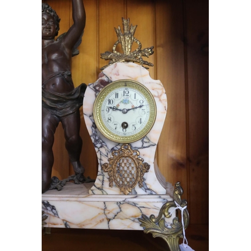 588 - Antique French bronzed spelter figural marble mantle clock, approx 48cm H