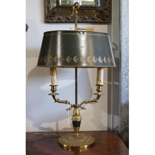 551 - Vintage French brass two light briolette lamp, with adjustable green painted tin shade, approx 60cm ... 