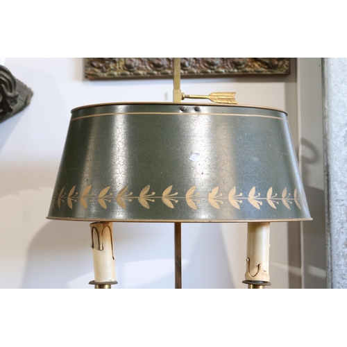 551 - Vintage French brass two light briolette lamp, with adjustable green painted tin shade, approx 60cm ... 