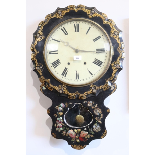 563 - Antique Victorian painted Papier Mache and mother of pearl wall clock, approx 73cm L