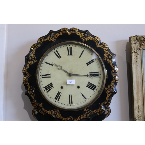 563 - Antique Victorian painted Papier Mache and mother of pearl wall clock, approx 73cm L