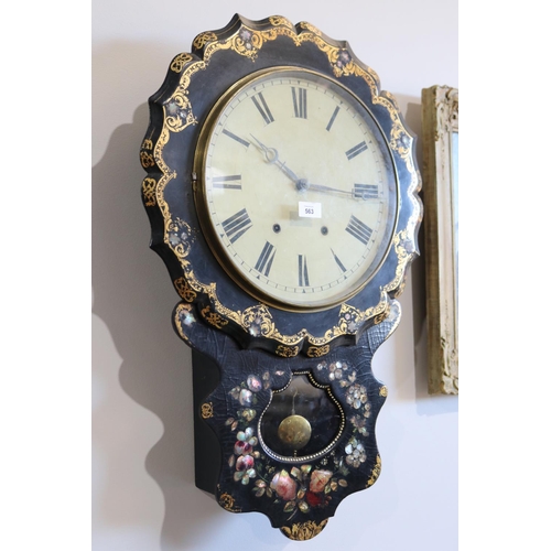 563 - Antique Victorian painted Papier Mache and mother of pearl wall clock, approx 73cm L