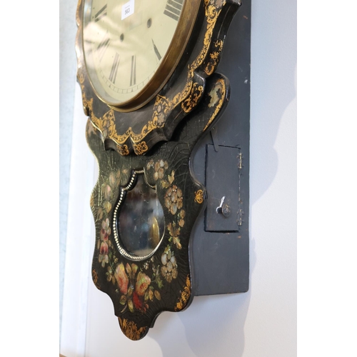 563 - Antique Victorian painted Papier Mache and mother of pearl wall clock, approx 73cm L