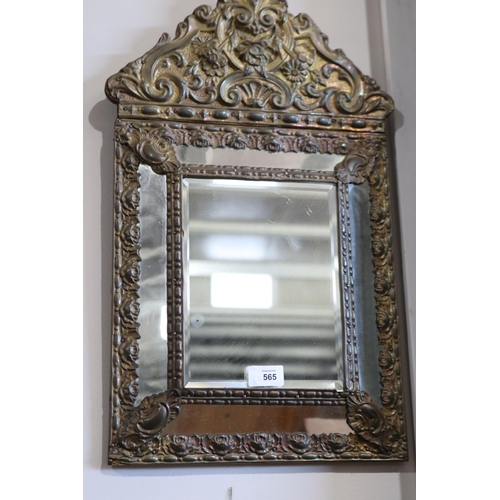 565 - Antique French repousse brass cushion mirror, approx 60 cm x 33 cm