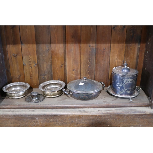 491 - Selection of silver plate to include pair of antique decanter coasters, biscuit barrel, lidded veget... 