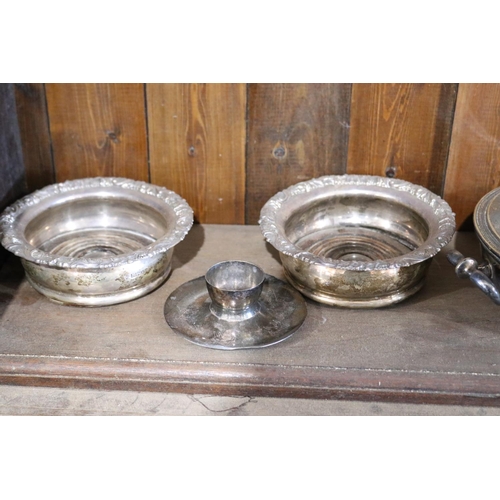 491 - Selection of silver plate to include pair of antique decanter coasters, biscuit barrel, lidded veget... 