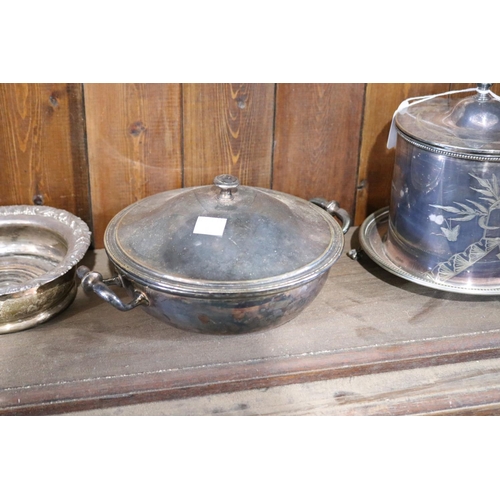 491 - Selection of silver plate to include pair of antique decanter coasters, biscuit barrel, lidded veget... 