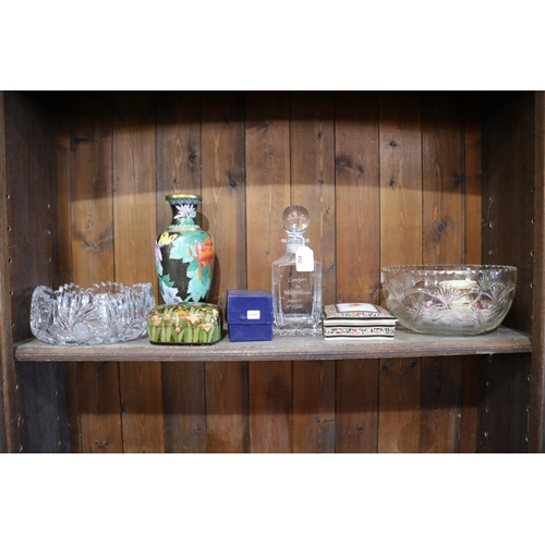 492 - Assortment, to include cut crystal bowls, decanter, cloisonne vase, Wedgwood china card box, Worcest... 