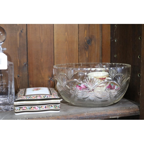 492 - Assortment, to include cut crystal bowls, decanter, cloisonne vase, Wedgwood china card box, Worcest... 