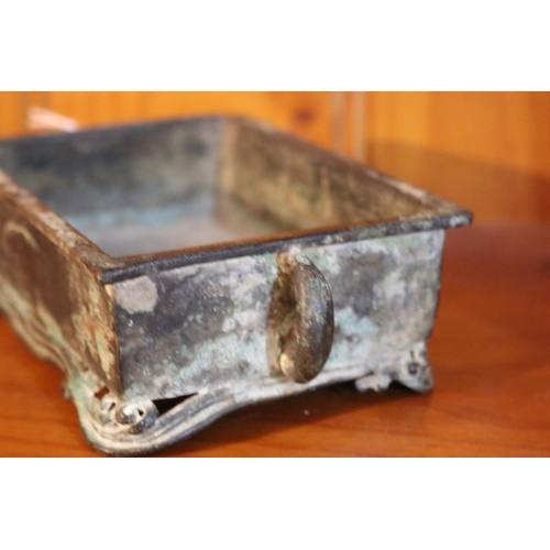 505 - Antique early Chinese bronze censer, of rectangular shape, applied loop handles, cast in relief to t... 