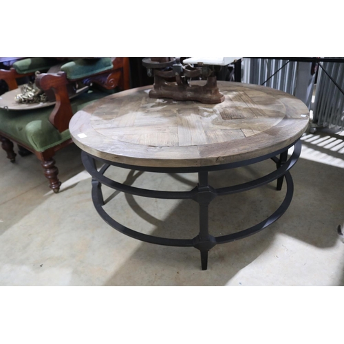 516 - Modern iron framed circular coffee table with a parquetry top, approx 45cm H x 91cm Dia