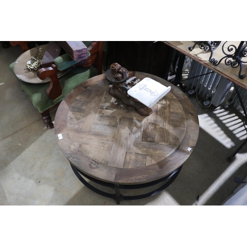 516 - Modern iron framed circular coffee table with a parquetry top, approx 45cm H x 91cm Dia