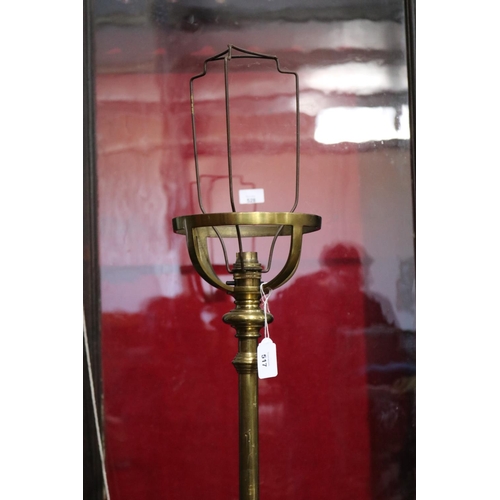 517 - Antique Victorian brass telescopic oil lamp standard, with stepped square lions paw base, converted ... 