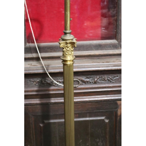 517 - Antique Victorian brass telescopic oil lamp standard, with stepped square lions paw base, converted ... 