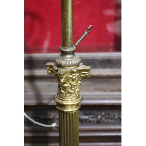 517 - Antique Victorian brass telescopic oil lamp standard, with stepped square lions paw base, converted ... 