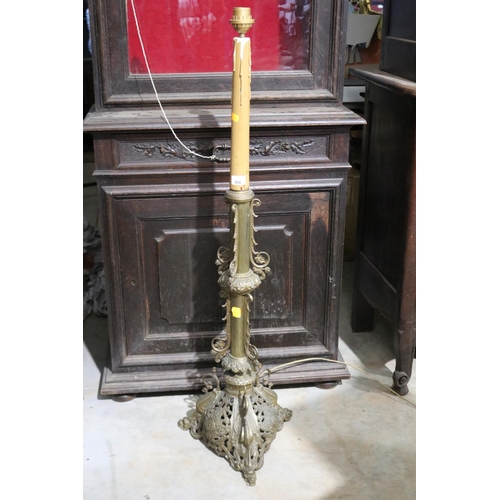 518 - Antique French elaborate pierced brass tri form picket, converted to lamp, approx 116cm H