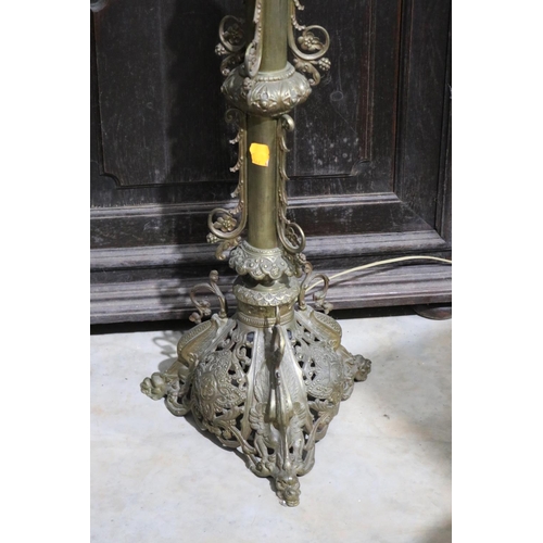 518 - Antique French elaborate pierced brass tri form picket, converted to lamp, approx 116cm H